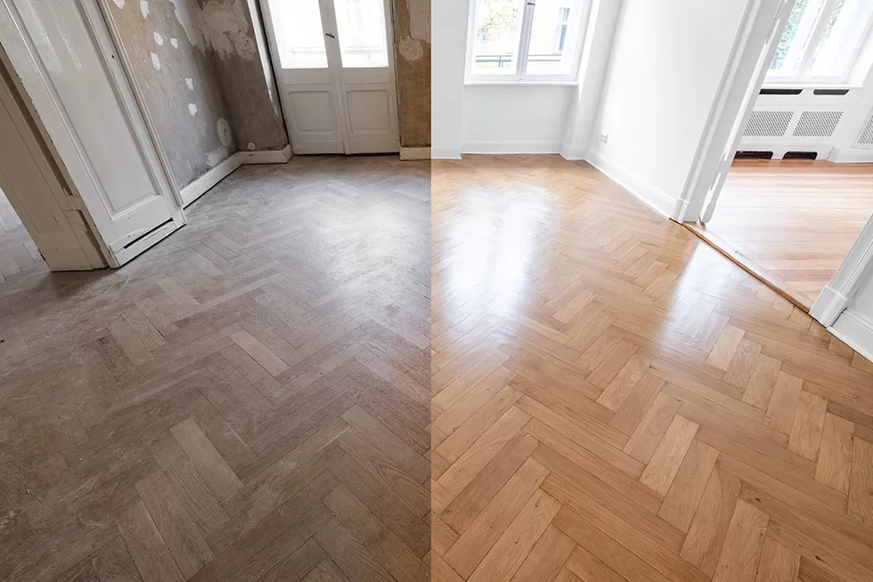 Fischgrätparkett vor und nach der Renovierung